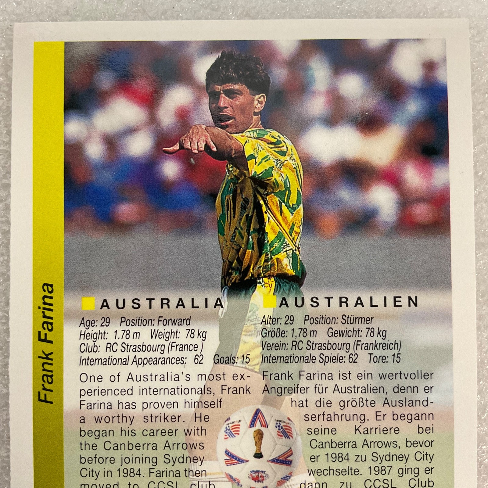 Frank Farina Upper Deck #151 World Cup USA 94 Soccer Card Australia - Image 4