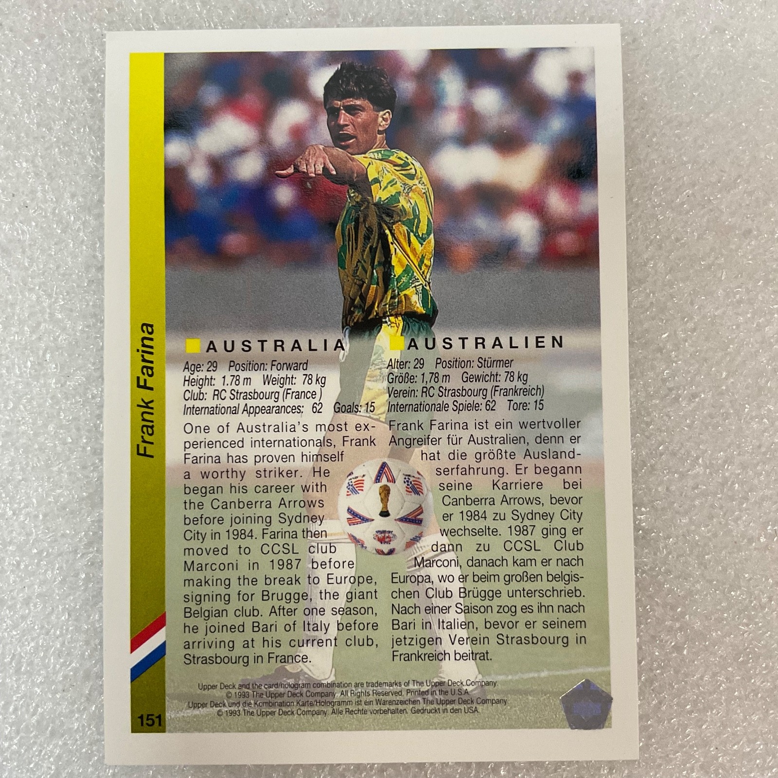 Frank Farina Upper Deck #151 World Cup USA 94 Soccer Card Australia - Image 3