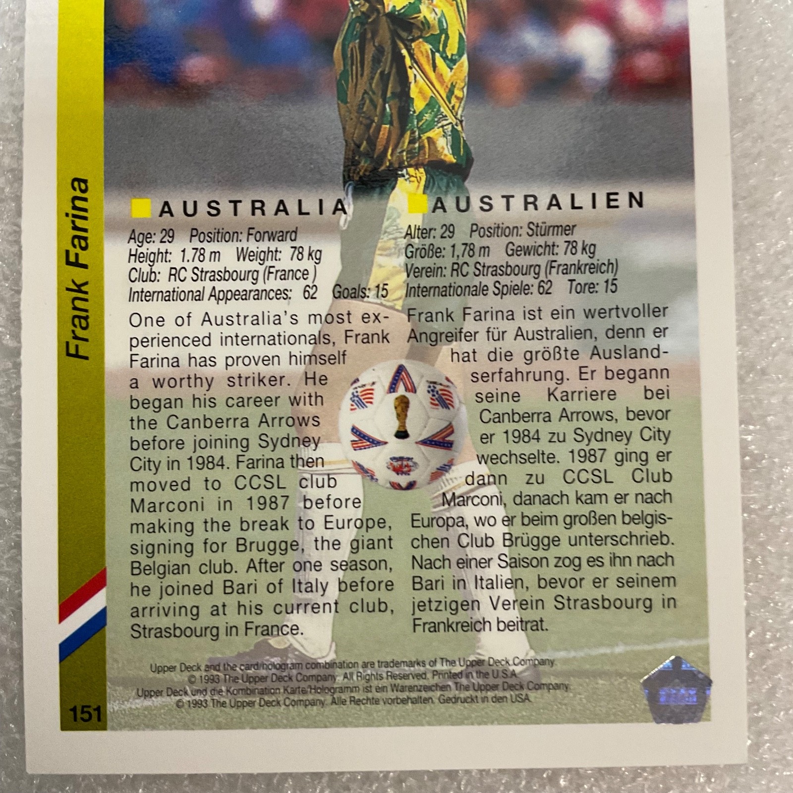 Frank Farina Upper Deck #151 World Cup USA 94 Soccer Card Australia - Image 5