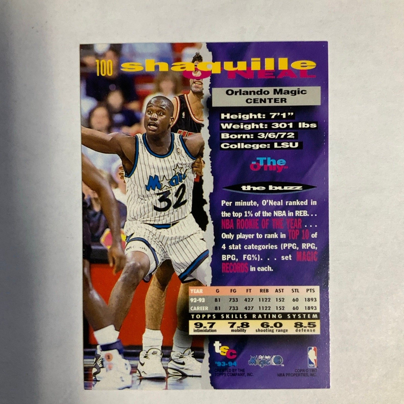1994 TOPPS Stadium League Shaquille O’Neal Basketball Trading Card #100 - Image 2