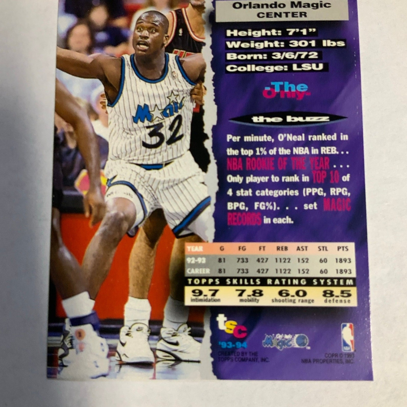 1994 TOPPS Stadium League Shaquille O’Neal Basketball Trading Card #100 - Image 6