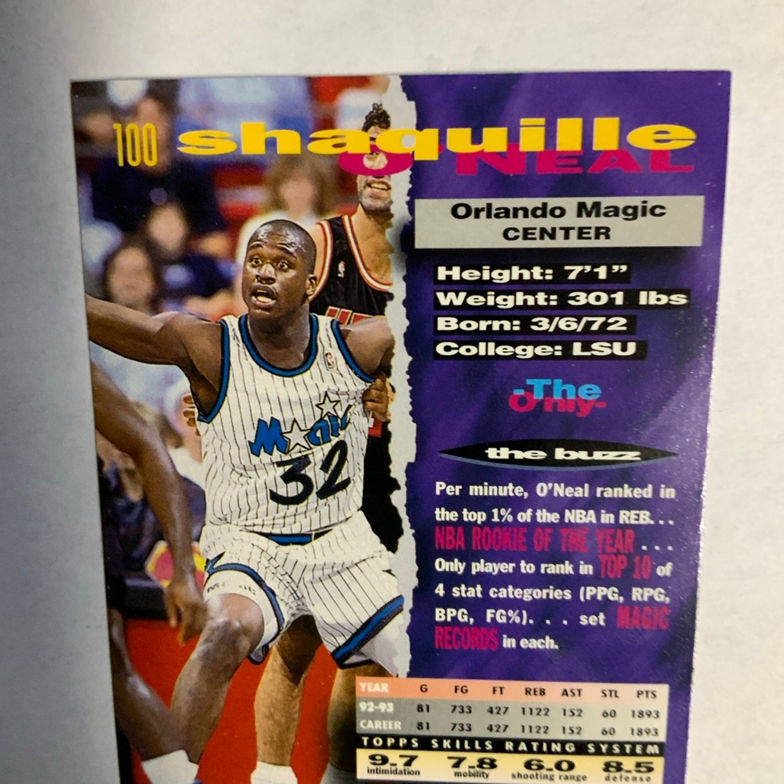 1994 TOPPS Stadium League Shaquille O’Neal Basketball Trading Card #100 - Image 5