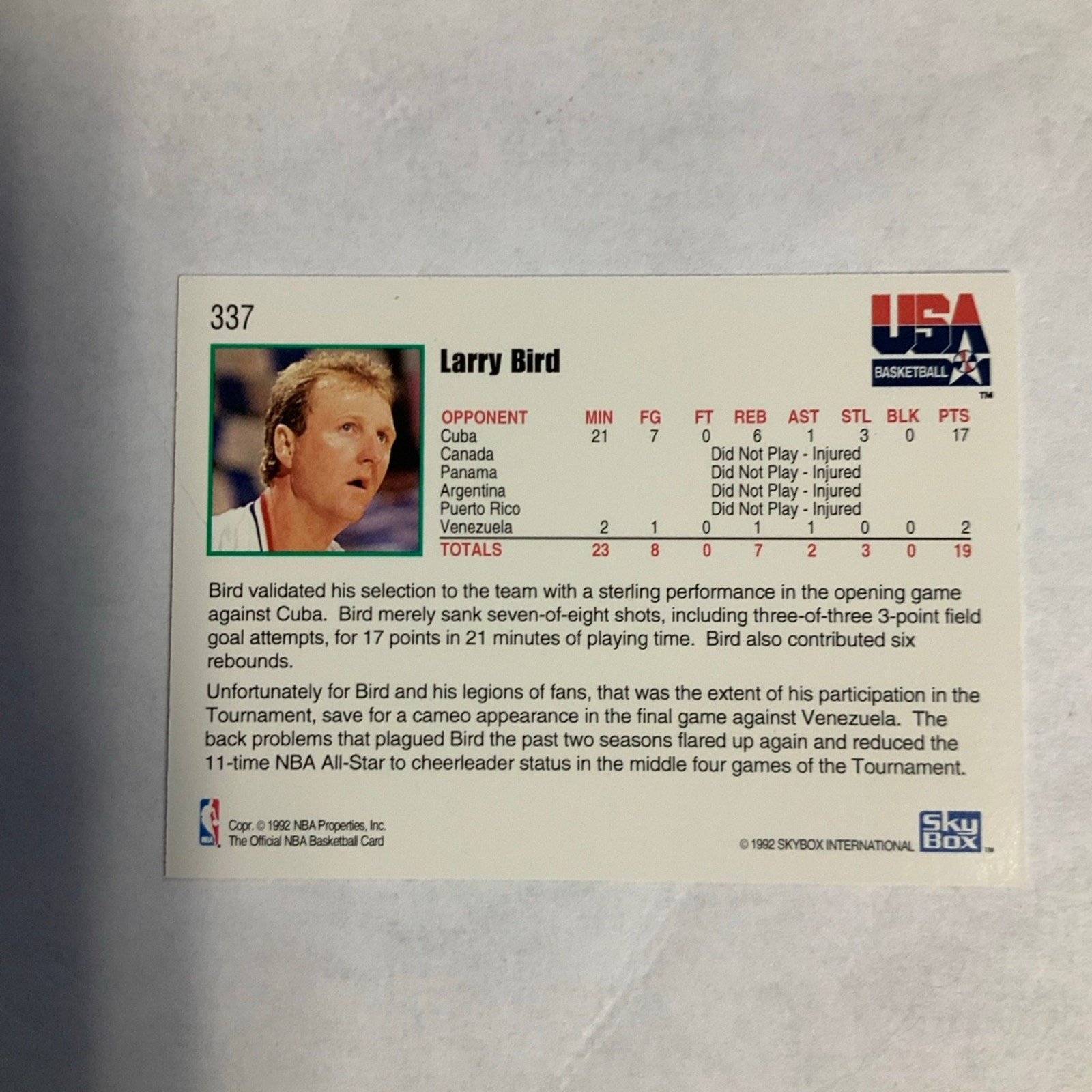 1992 SkyBox Larry Bird Basketball Trading Card #337 - Image 2