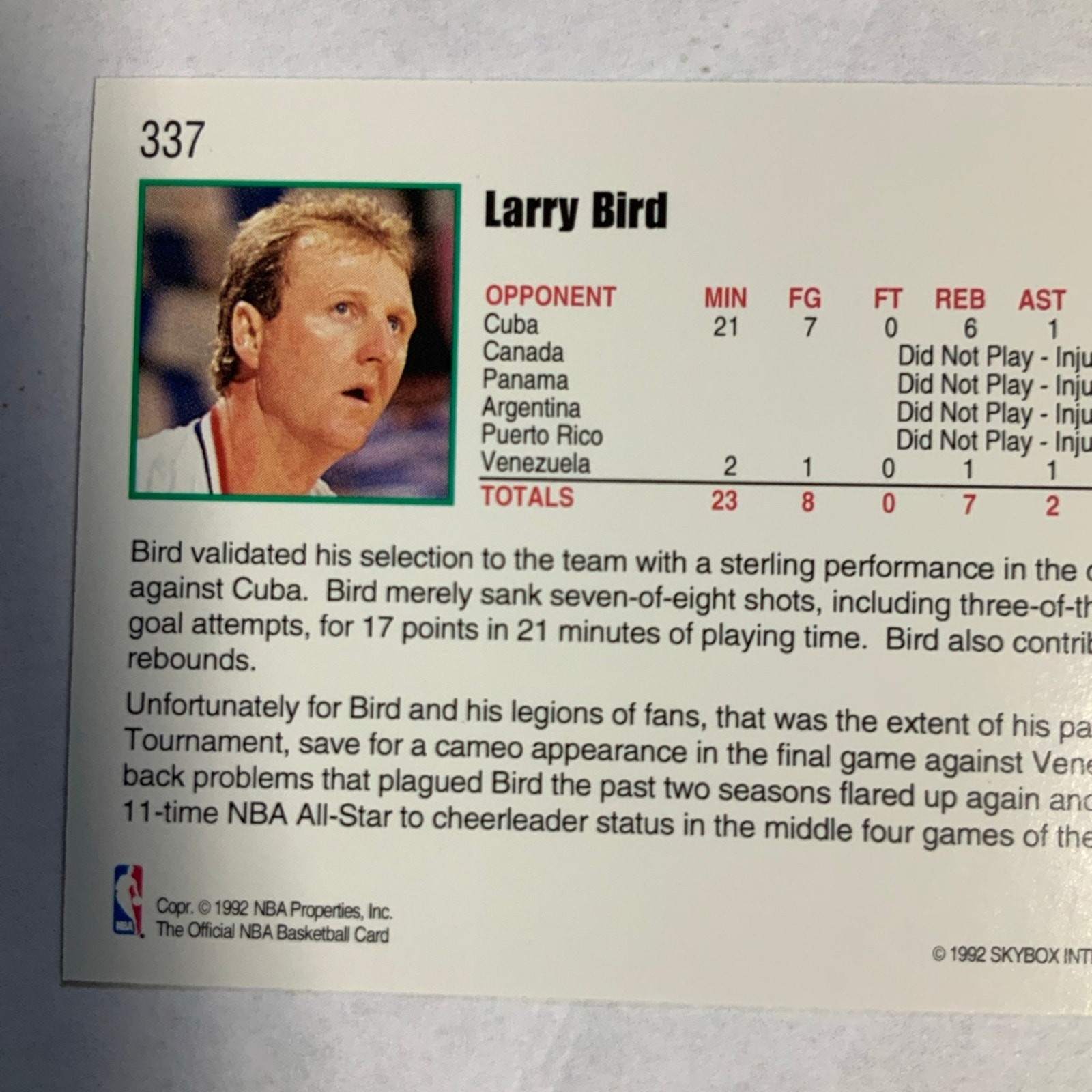 1992 SkyBox Larry Bird Basketball Trading Card #337 - Image 5