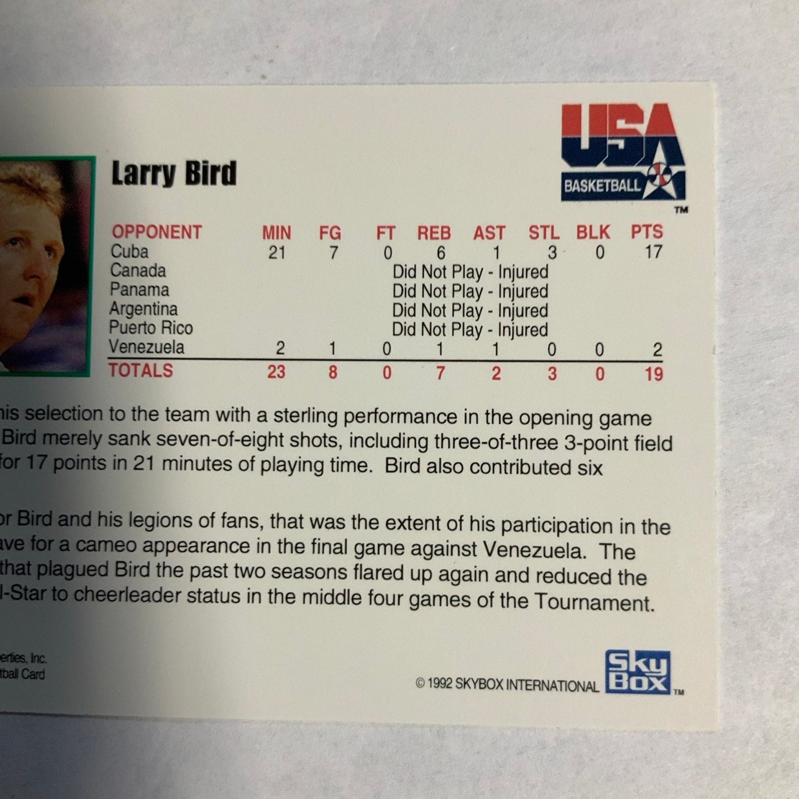 1992 SkyBox Larry Bird Basketball Trading Card #337 - Image 6