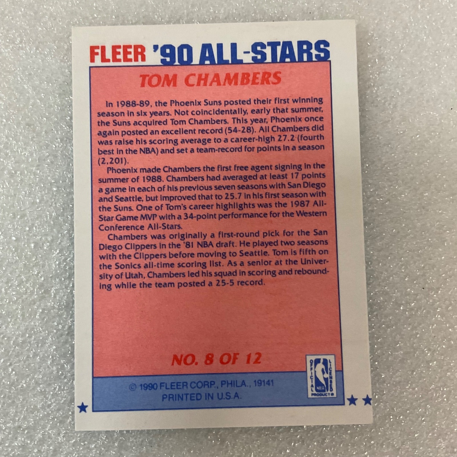 1990 Fleer All-Star Tom Chambers Basketball Trading Card #8 of 12 - Image 3