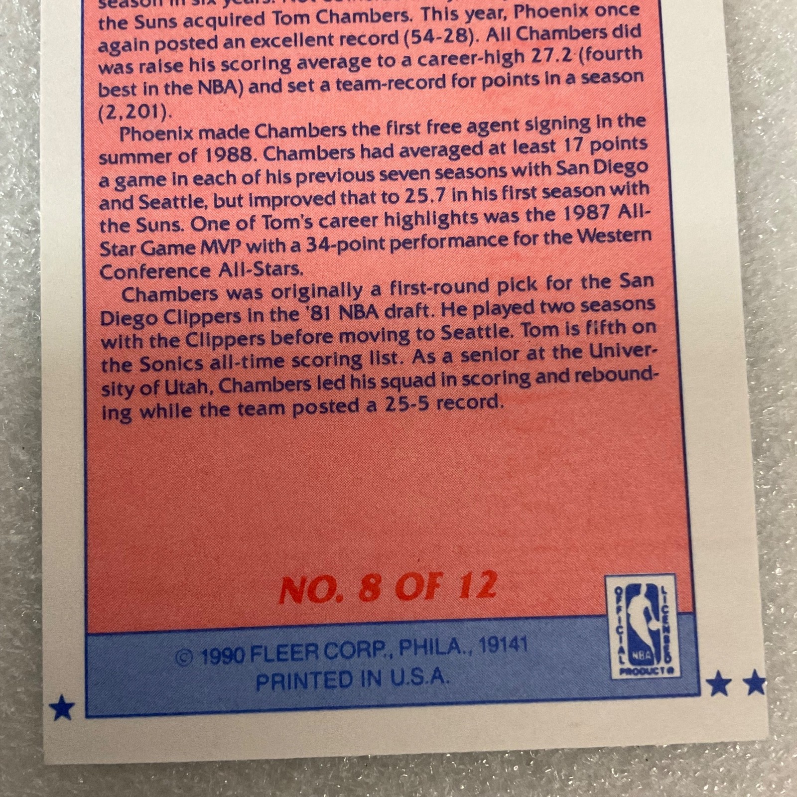 1990 Fleer All-Star Tom Chambers Basketball Trading Card #8 of 12 - Image 7