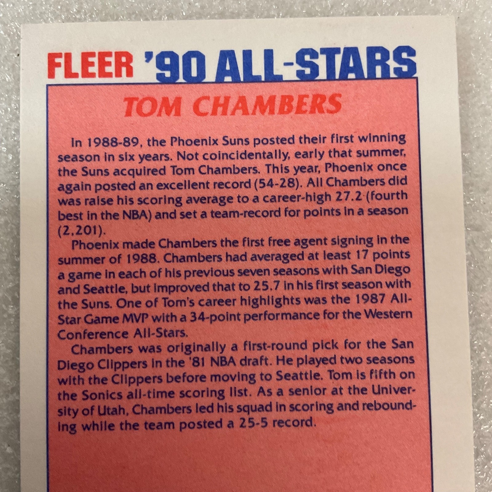 1990 Fleer All-Star Tom Chambers Basketball Trading Card #8 of 12 - Image 6