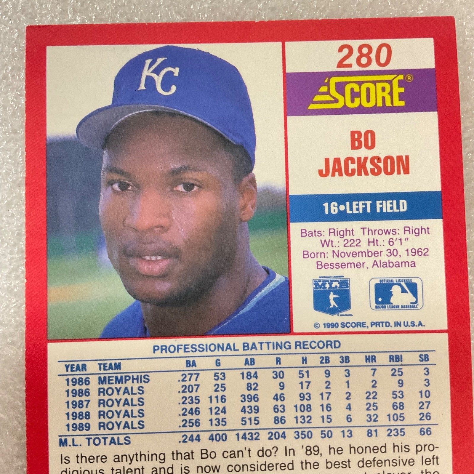 1990 SCORE Baseball Trading Card Bo Jackson #280 - Image 4
