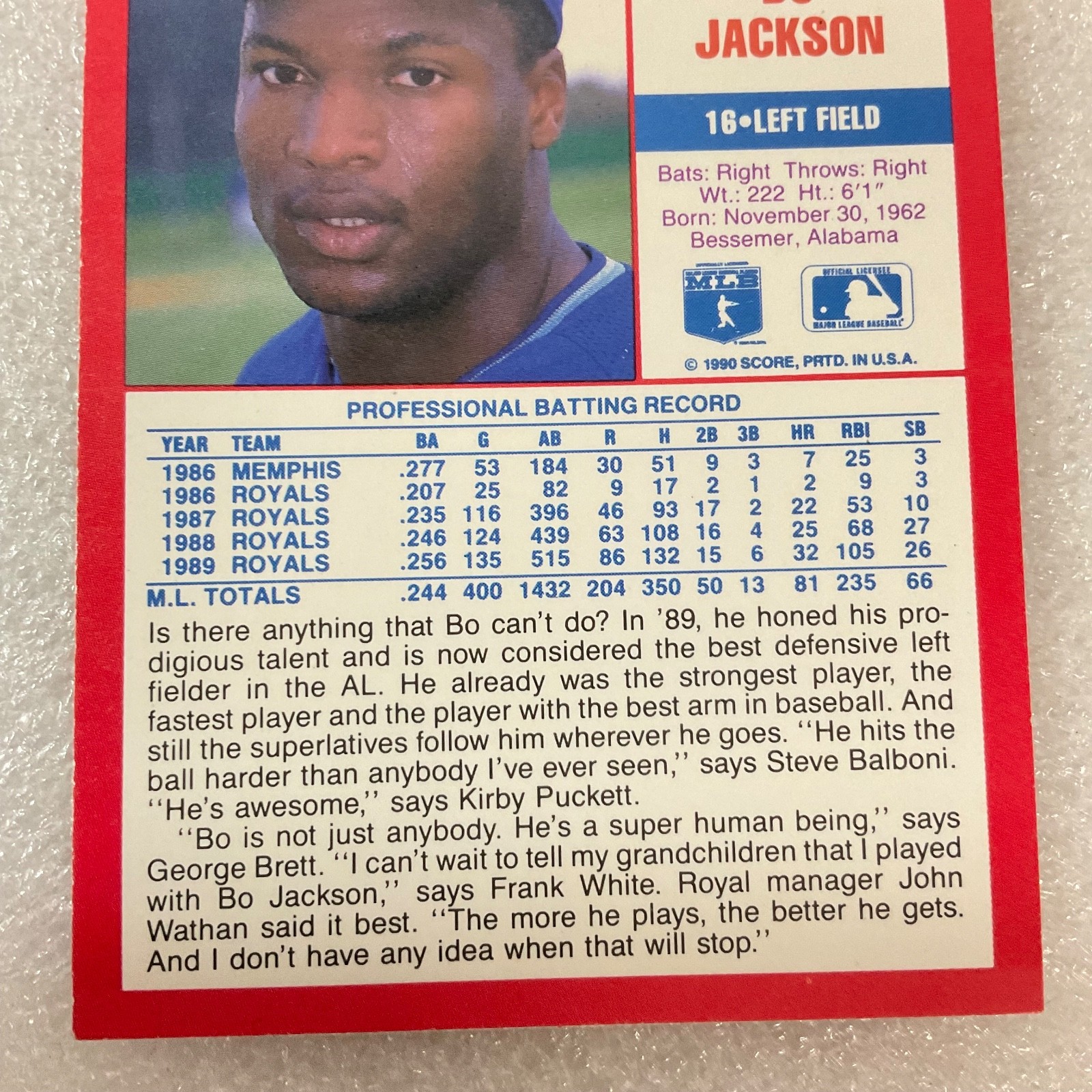 1990 SCORE Baseball Trading Card Bo Jackson #280 - Image 5