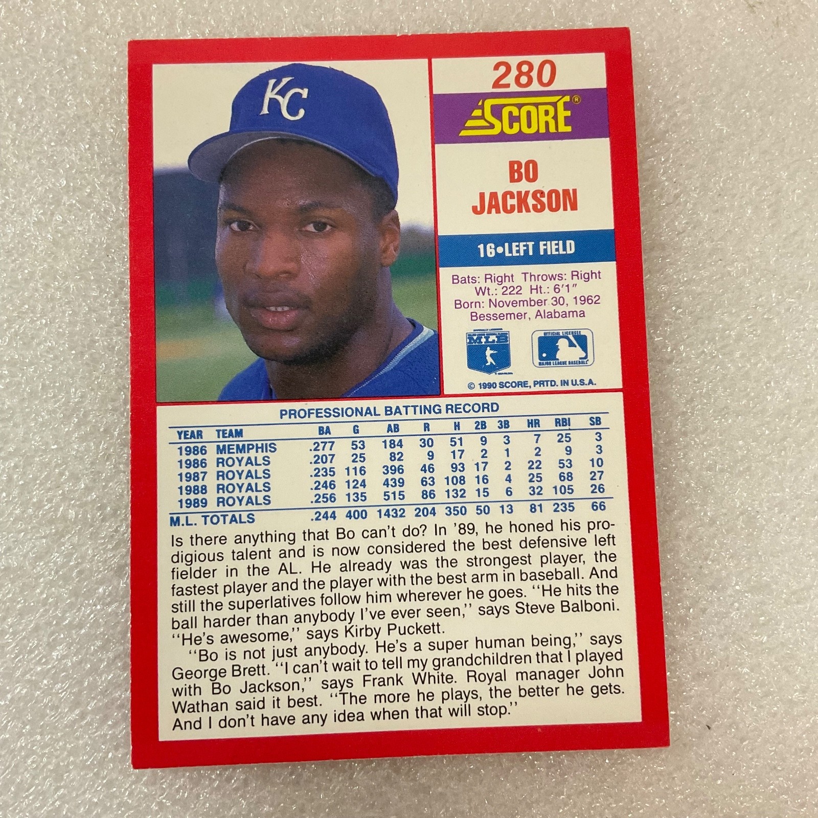 1990 SCORE Baseball Trading Card Bo Jackson #280 - Image 3