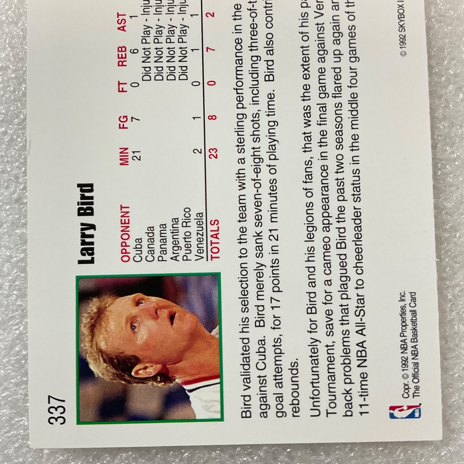NBA HOOPS 1992 Larry Bird Trading Card #337 - Image 5
