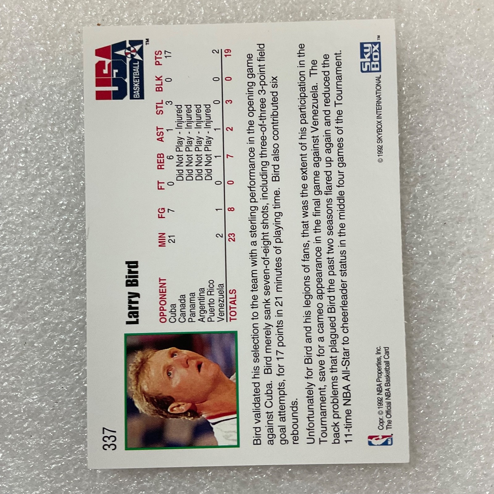NBA HOOPS 1992 Larry Bird Trading Card #337 - Image 3