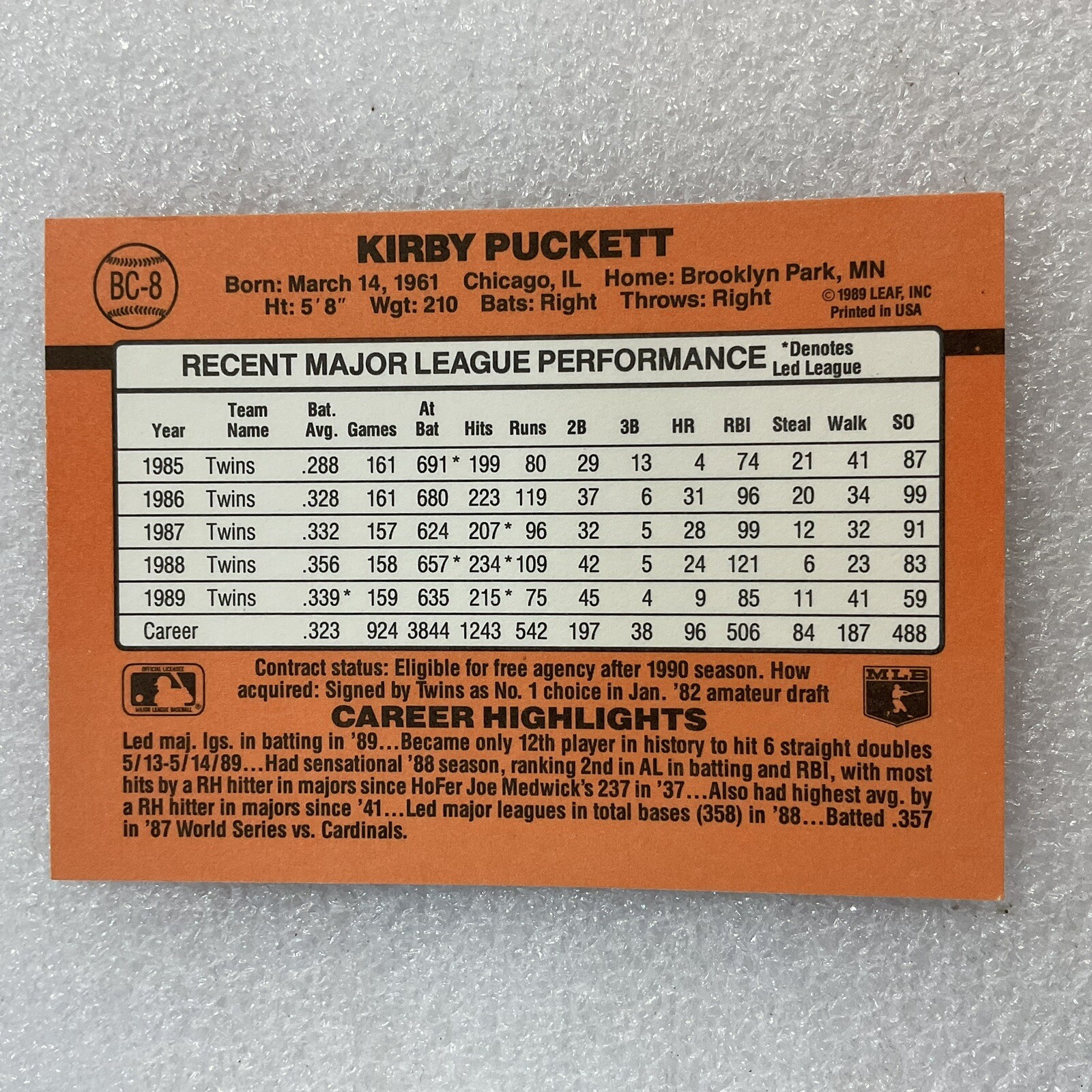 Kirby Puckett 1990 Donruss #BC-8 MVP Baseball Card Minnesota Twins - Image 2