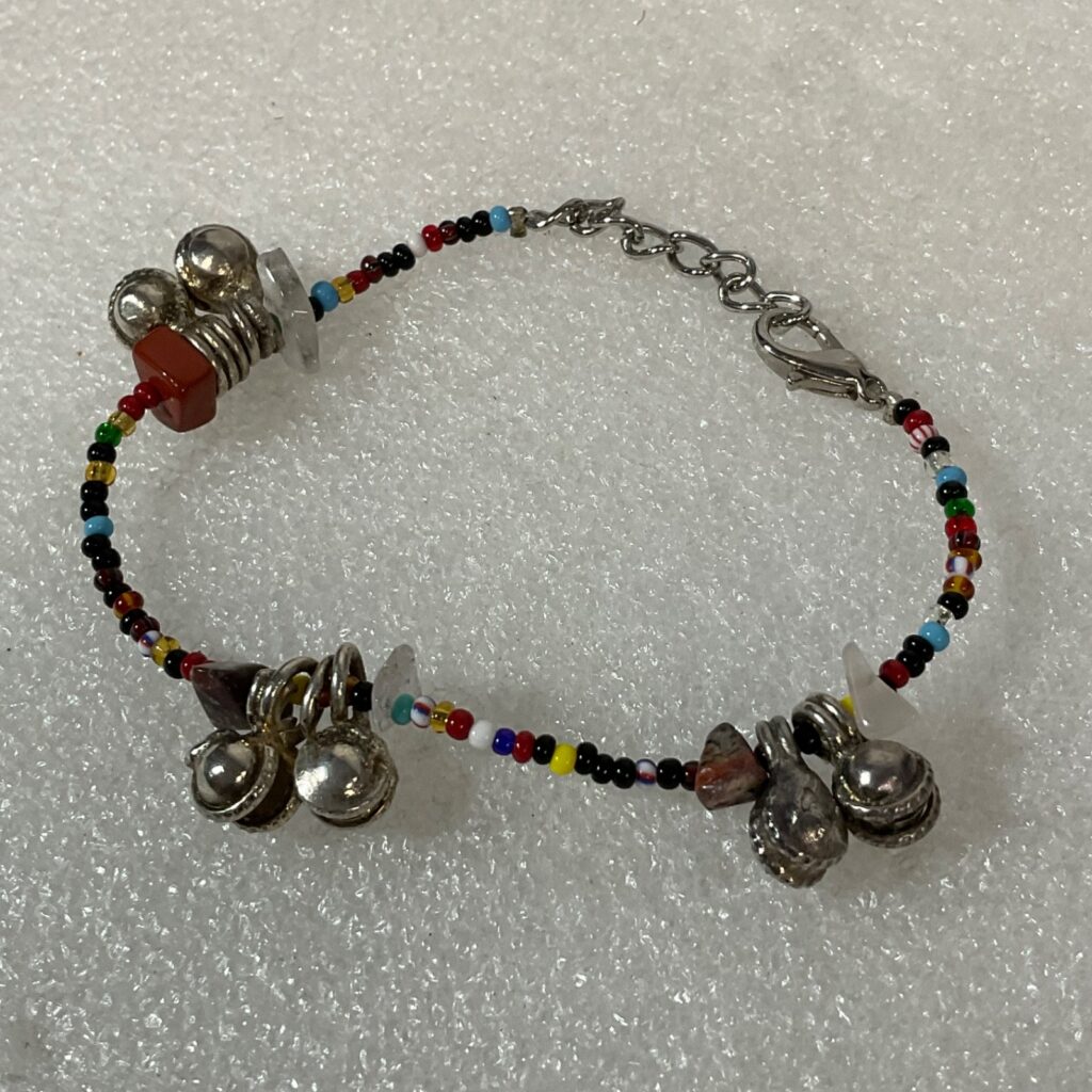 Handmade Beaded Charm Bracelet 7" Multicolor Glass Beads Silver Tone Dangles - Image 1