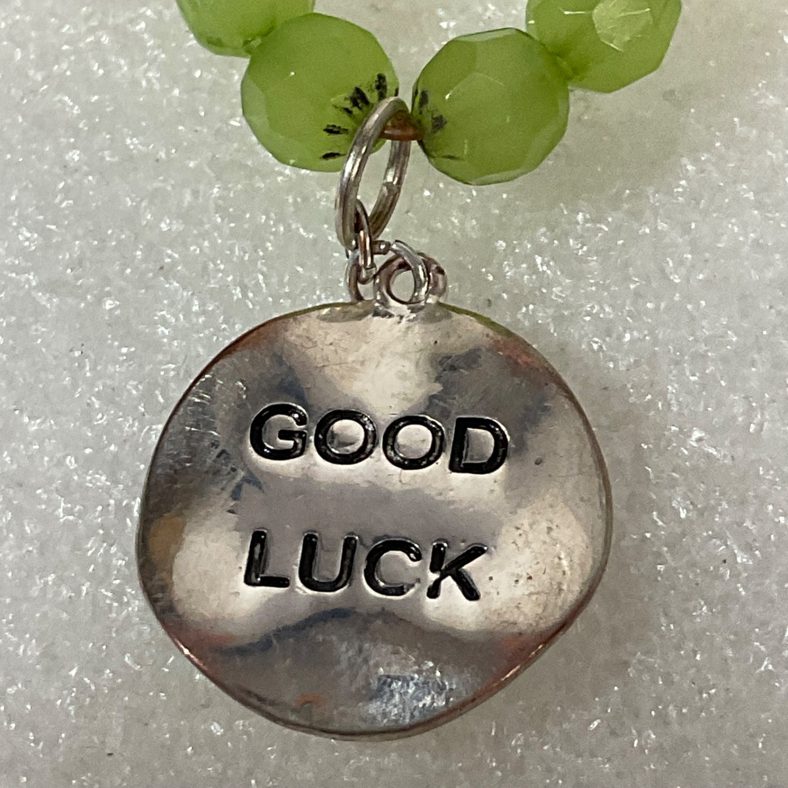 Green Beaded Stretch Bracelet Silver Clover Good Luck Charm 7" Jewelry Gift - Image 3