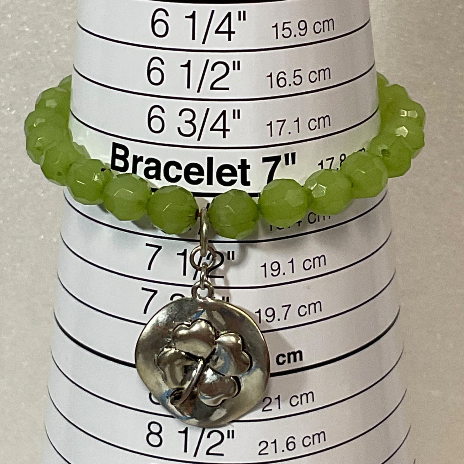Green Beaded Stretch Bracelet Silver Clover Good Luck Charm 7" Jewelry Gift - Image 6
