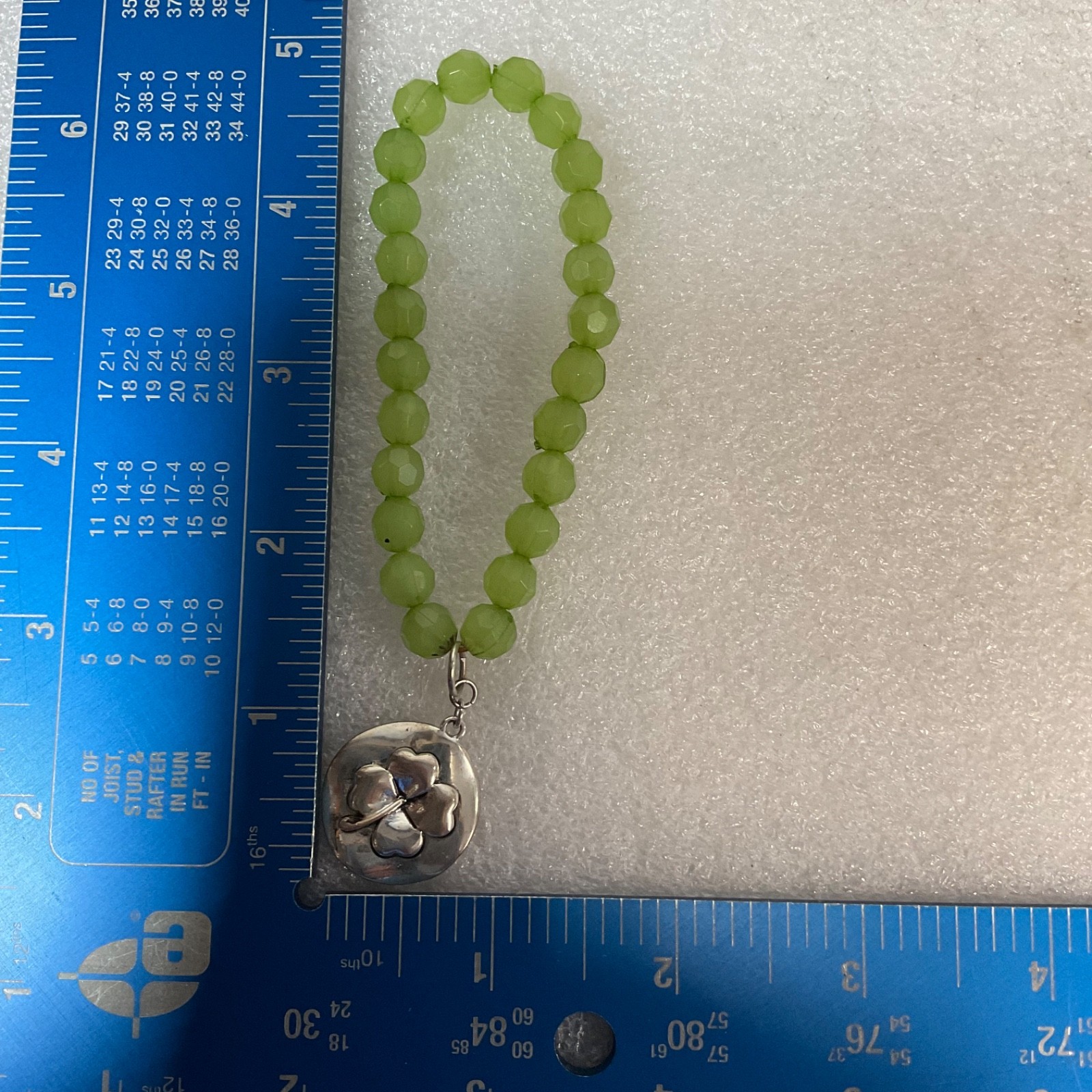 Green Beaded Stretch Bracelet Silver Clover Good Luck Charm 7" Jewelry Gift - Image 7