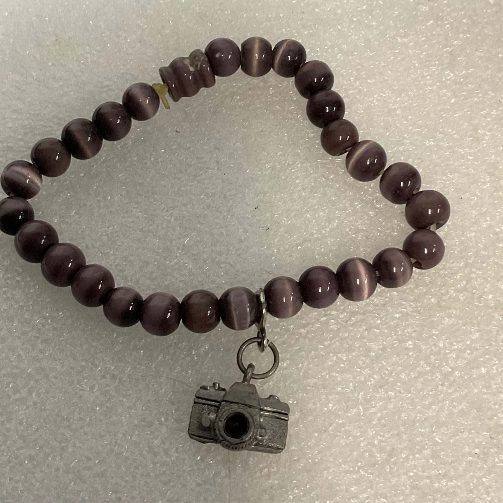 Purple Stone Bead Bracelet with Vintage Camera Charm – 7" Stretch Jewelry - Image 1