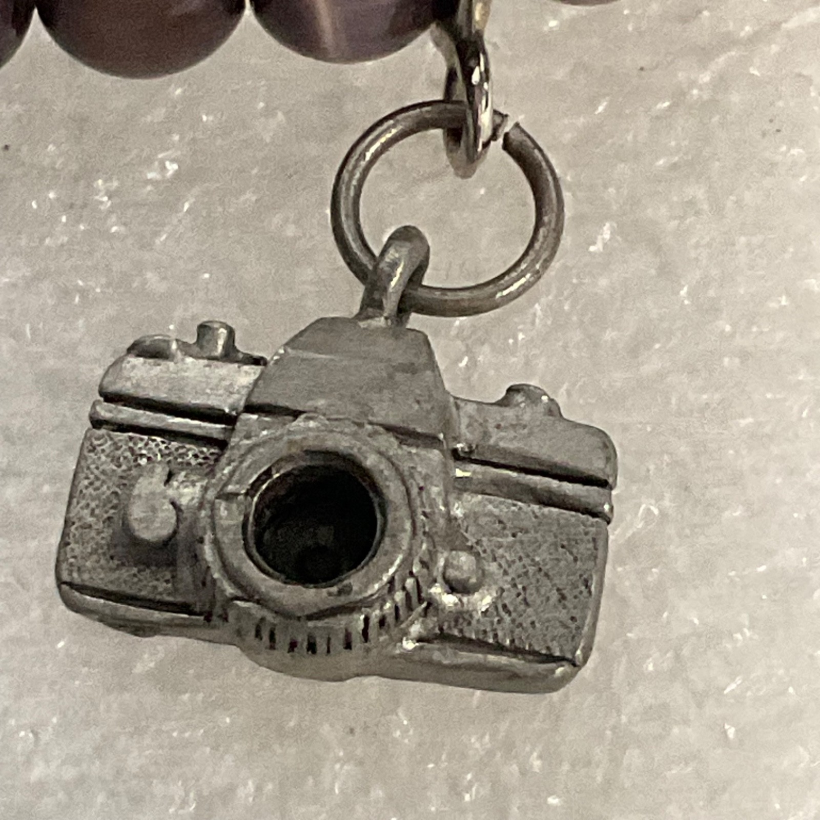 Purple Stone Bead Bracelet with Vintage Camera Charm – 7" Stretch Jewelry - Image 2