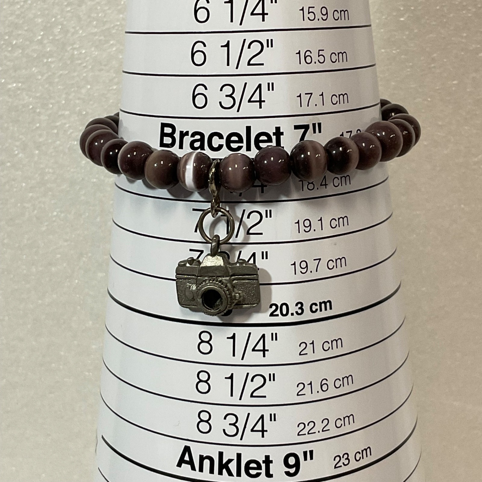 Purple Stone Bead Bracelet with Vintage Camera Charm – 7" Stretch Jewelry - Image 9