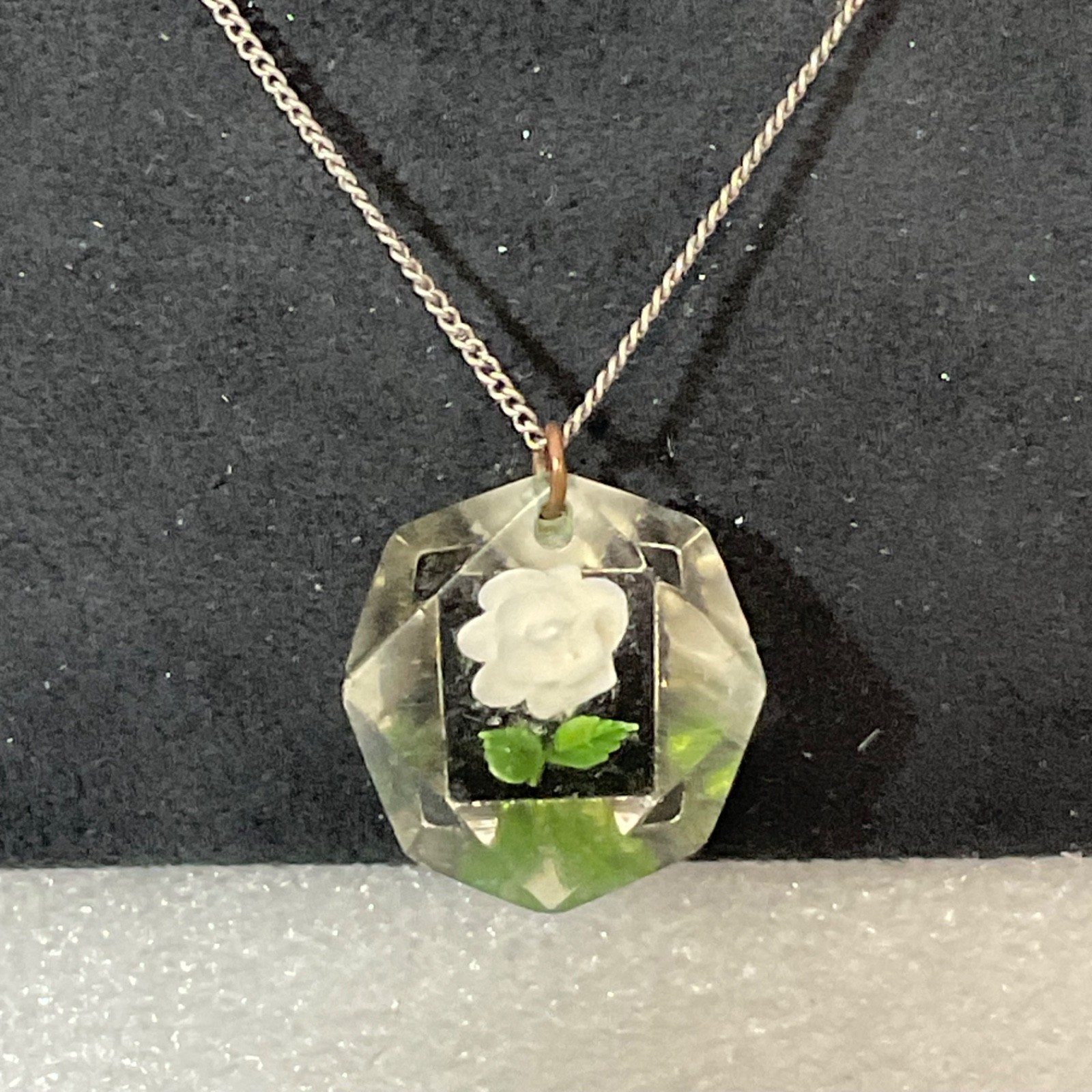Vintage Lucite Flower Pendant Necklace Clear Resin Rose Silver Tone Chain - Image 3