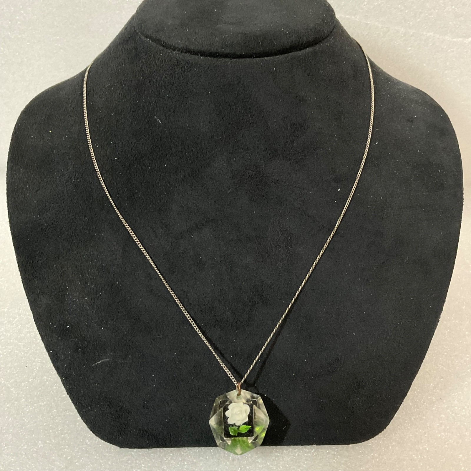 Vintage Lucite Flower Pendant Necklace Clear Resin Rose Silver Tone Chain - Image 2