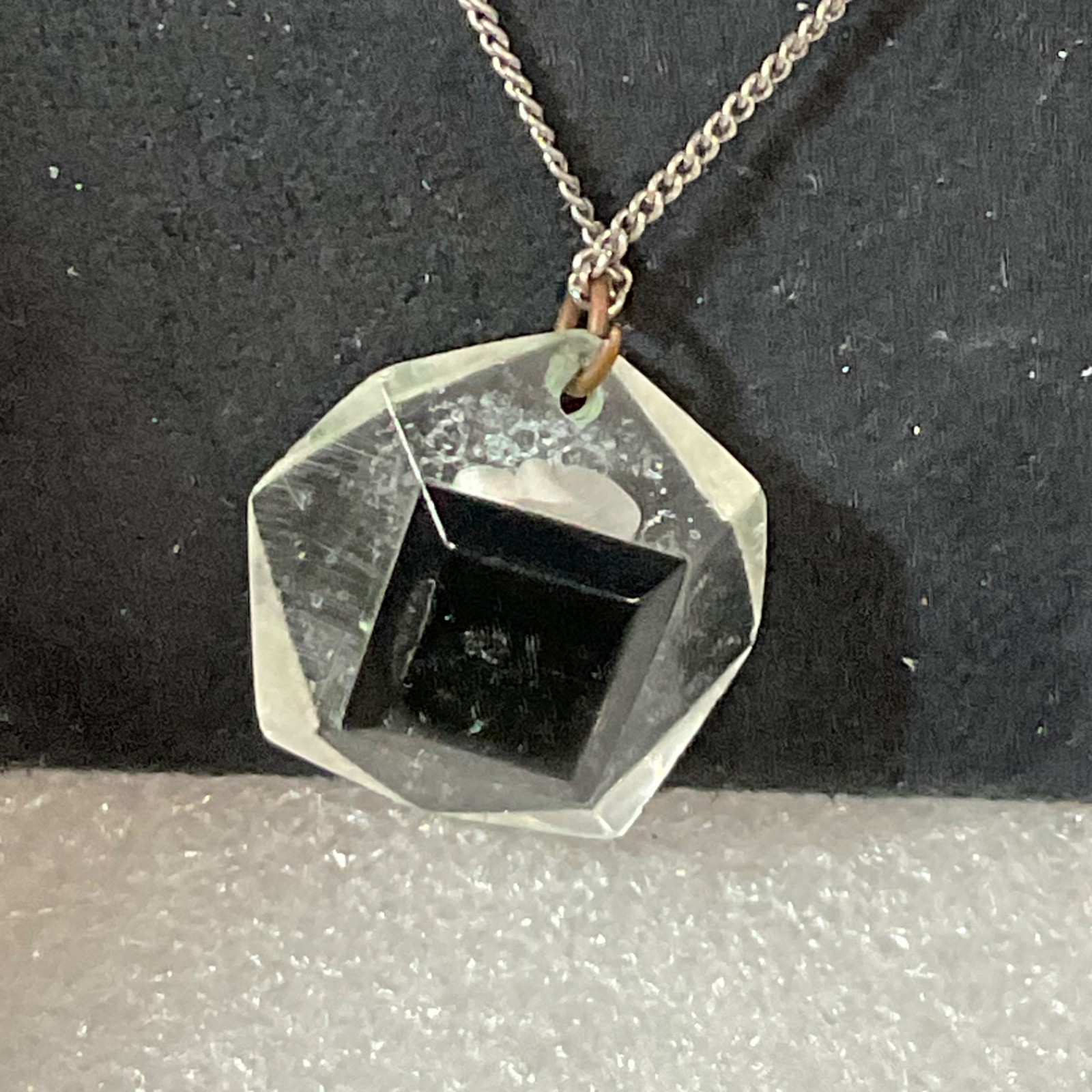 Vintage Lucite Flower Pendant Necklace Clear Resin Rose Silver Tone Chain - Image 8