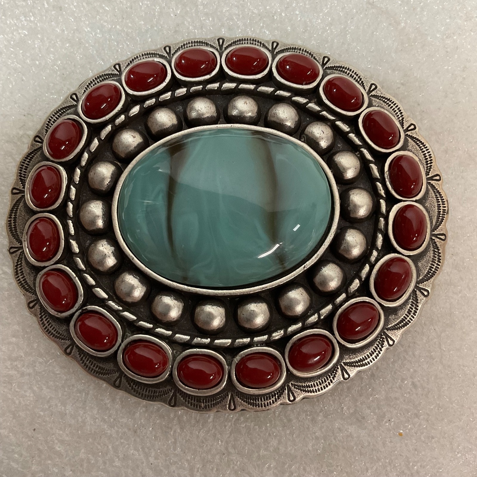 Vtg 3.5in Oval Concho Belt Adornment Silver Tone Red & Turquoise Glass Cabochon - Image 1