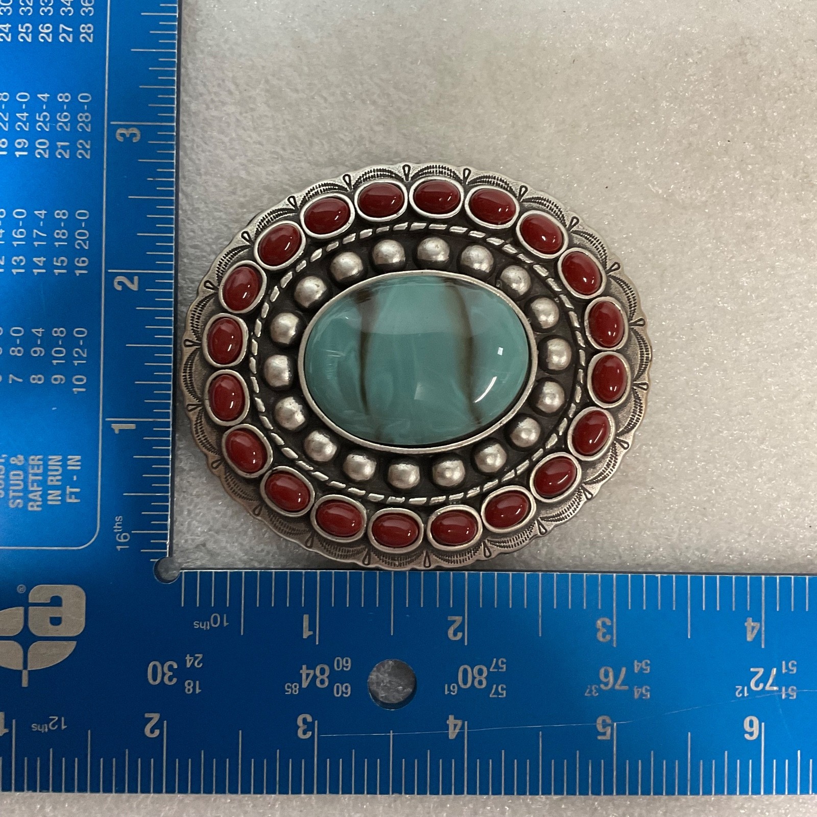 Vtg 3.5in Oval Concho Belt Adornment Silver Tone Red & Turquoise Glass Cabochon - Image 3
