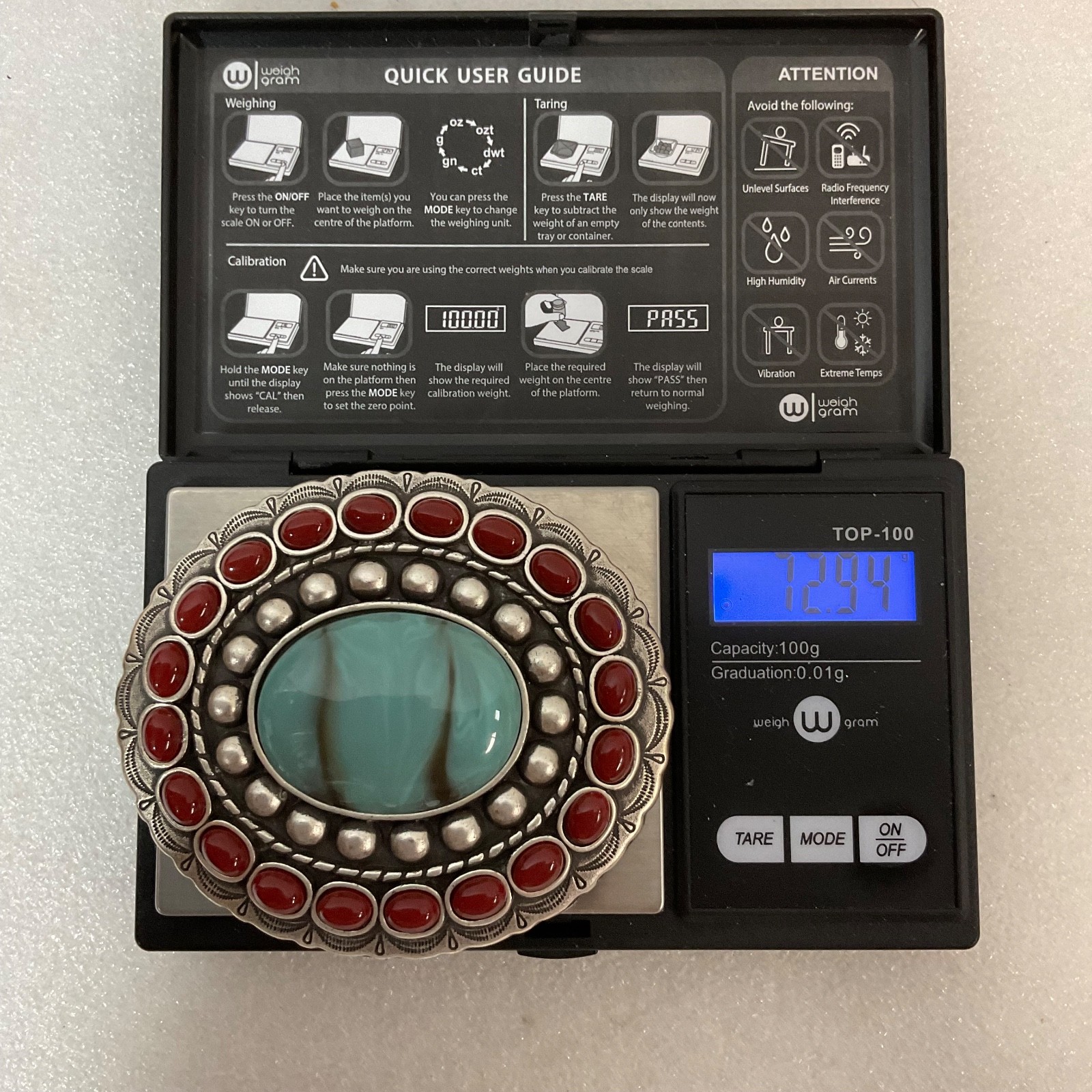 Vtg 3.5in Oval Concho Belt Adornment Silver Tone Red & Turquoise Glass Cabochon - Image 8