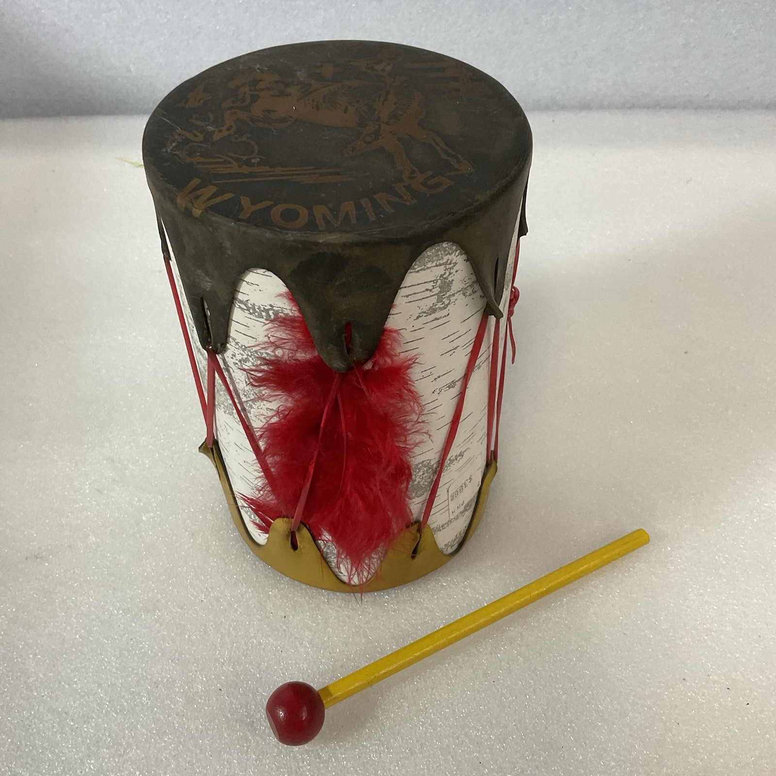 Vintage Wyoming Souvenir Toy Drum 6.5"x4.25" Double Head w/ Mallet USA - Image 1
