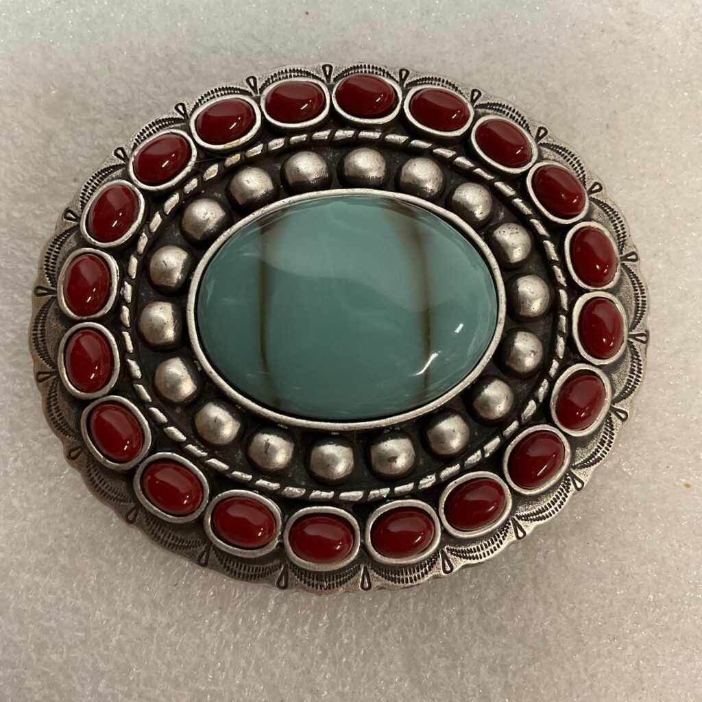 Vtg Turquoise Glass& Coral Concho Belt Adornment 3.5in x 3in Southwestern Style - Image 1