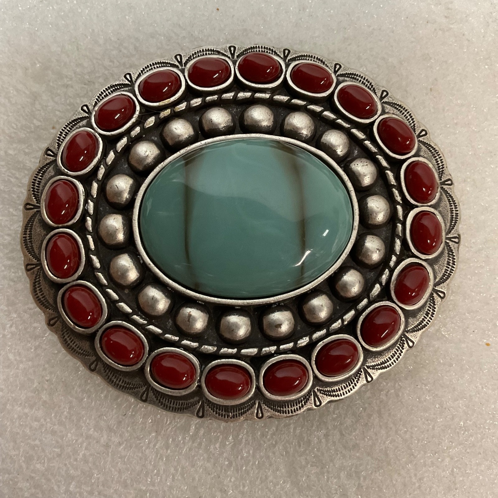 Vtg Turquoise Glass& Coral Concho Belt Adornment 3.5in x 3in Southwestern Style - Image 1