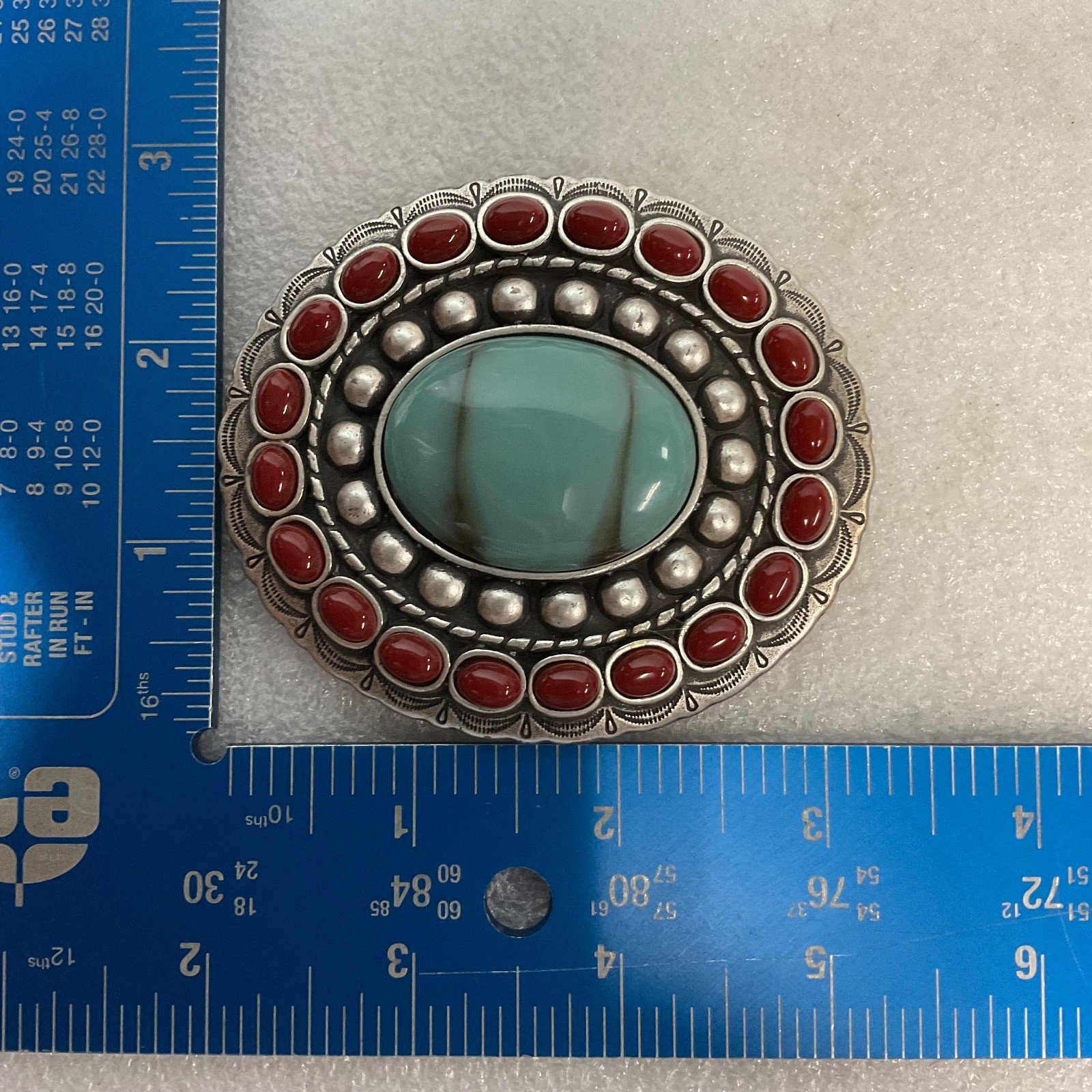 Vtg Turquoise Glass& Coral Concho Belt Adornment 3.5in x 3in Southwestern Style - Image 4