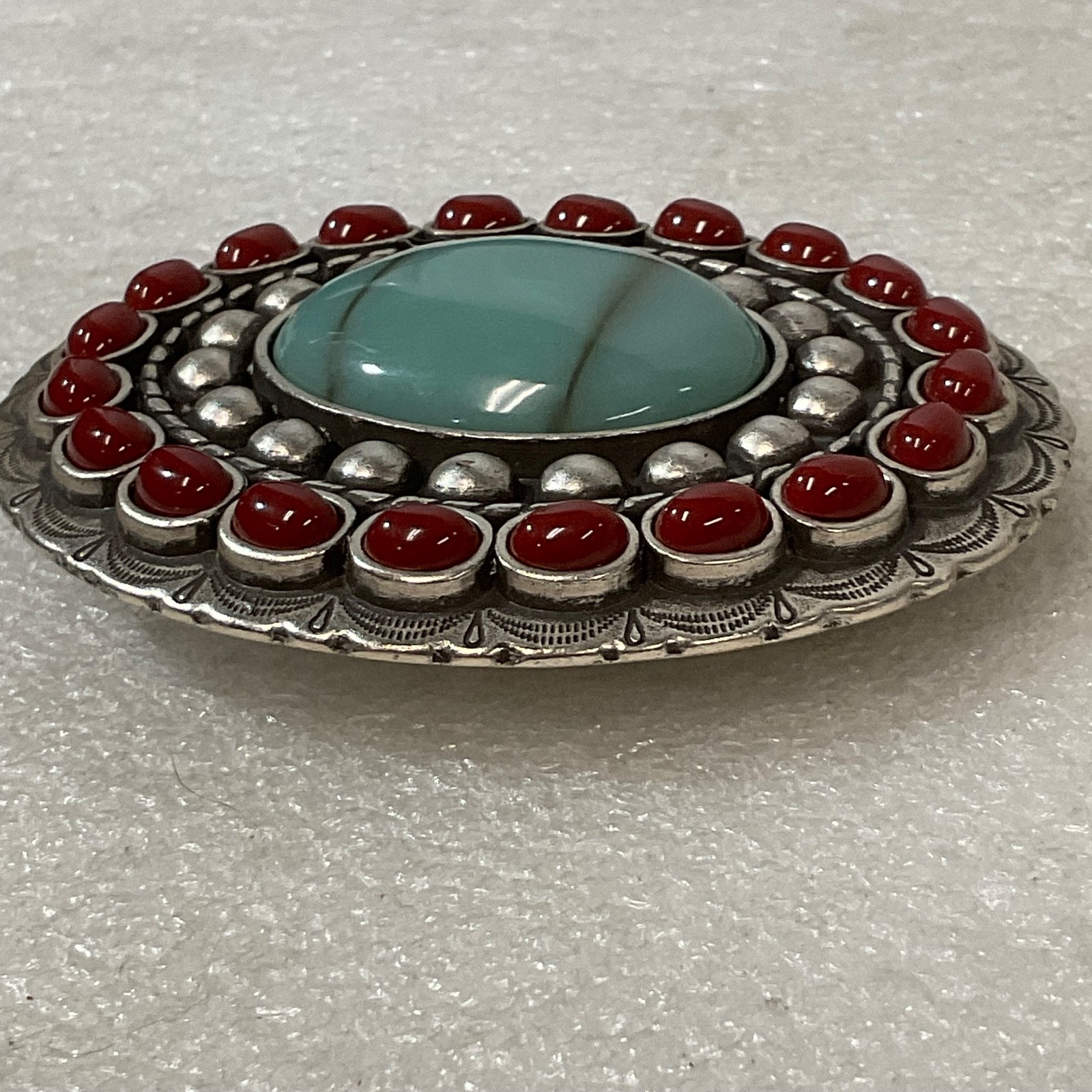 Vtg Turquoise Glass& Coral Concho Belt Adornment 3.5in x 3in Southwestern Style - Image 8