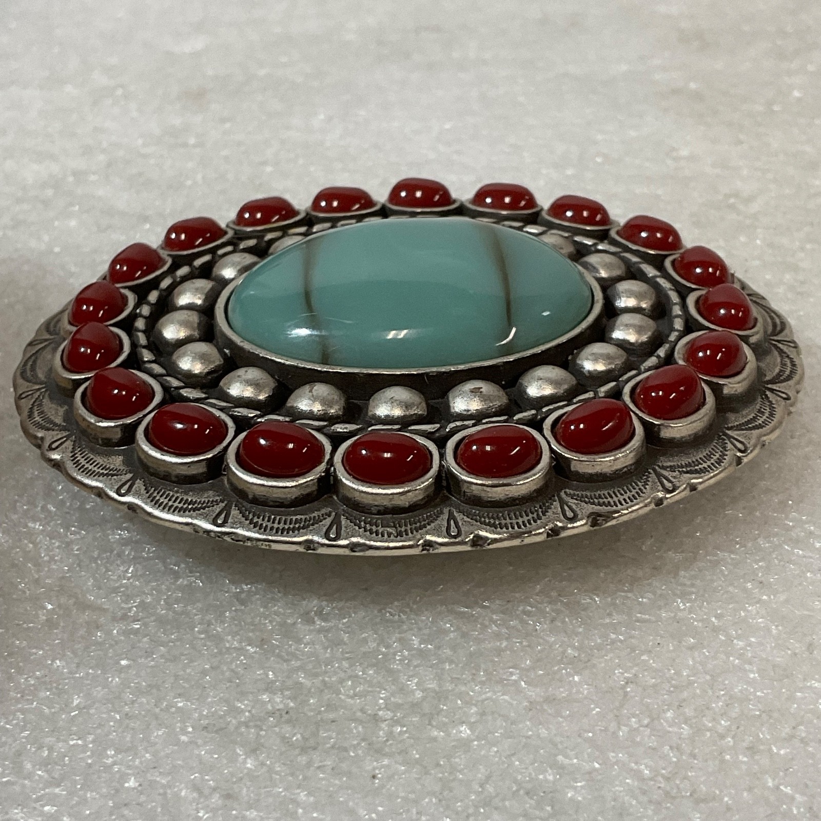 Vtg Turquoise Glass& Coral Concho Belt Adornment 3.5in x 3in Southwestern Style - Image 7