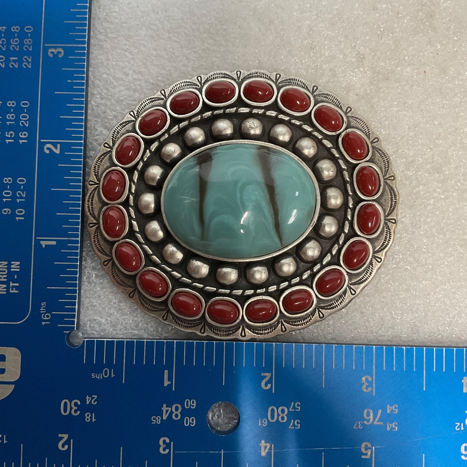 Vtg Turquoise Glass& Coral Concho Belt Adornment 3.5in x 3in Southwestern Style - Image 3