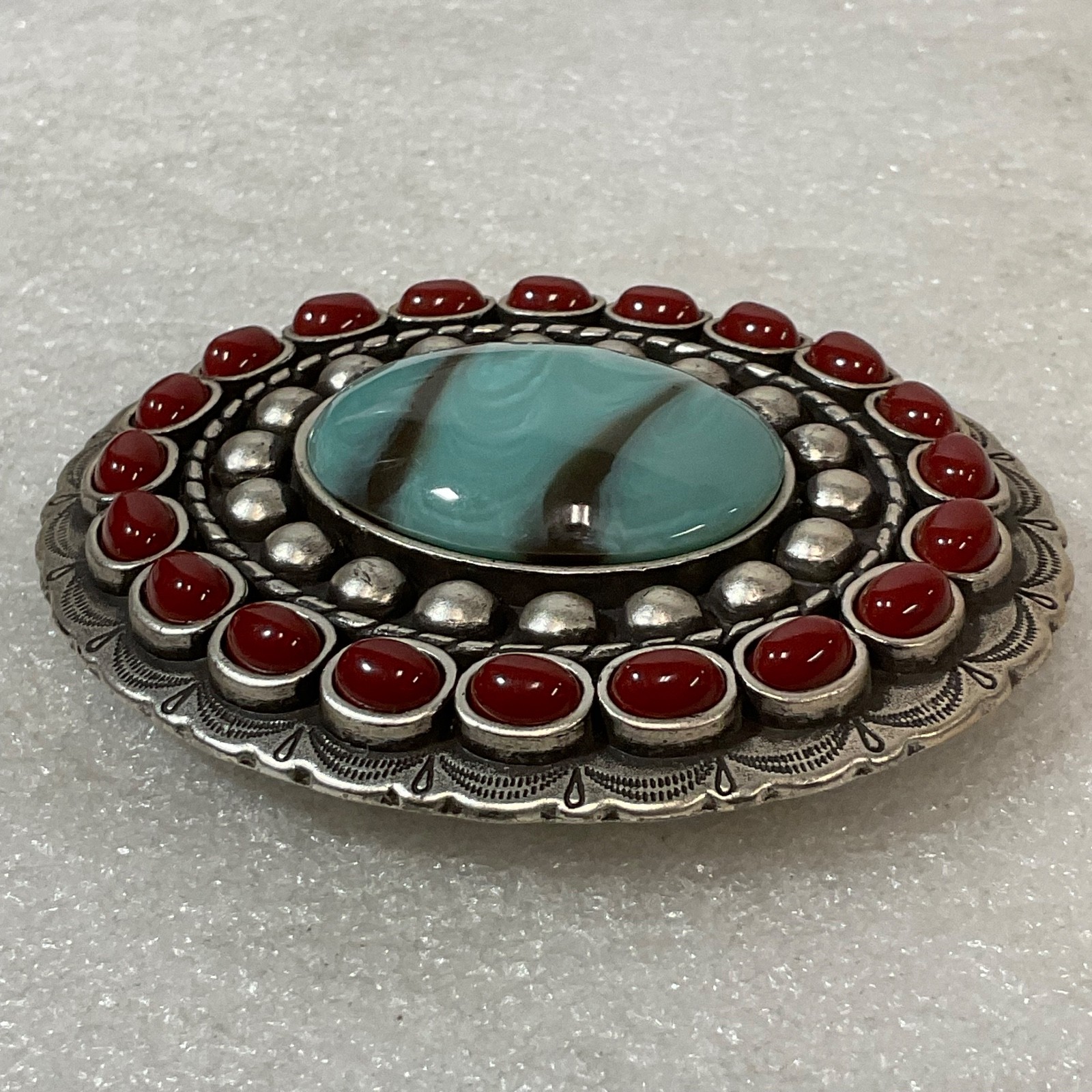 Vtg Turquoise Glass& Coral Concho Belt Adornment 3.5in x 3in Southwestern Style - Image 5