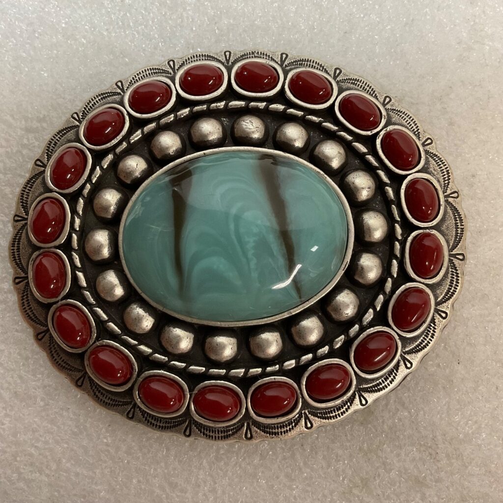 Vtg Turquoise Glass& Coral Concho Belt Adornment 3.5in x 3in Southwestern Style - Image 1