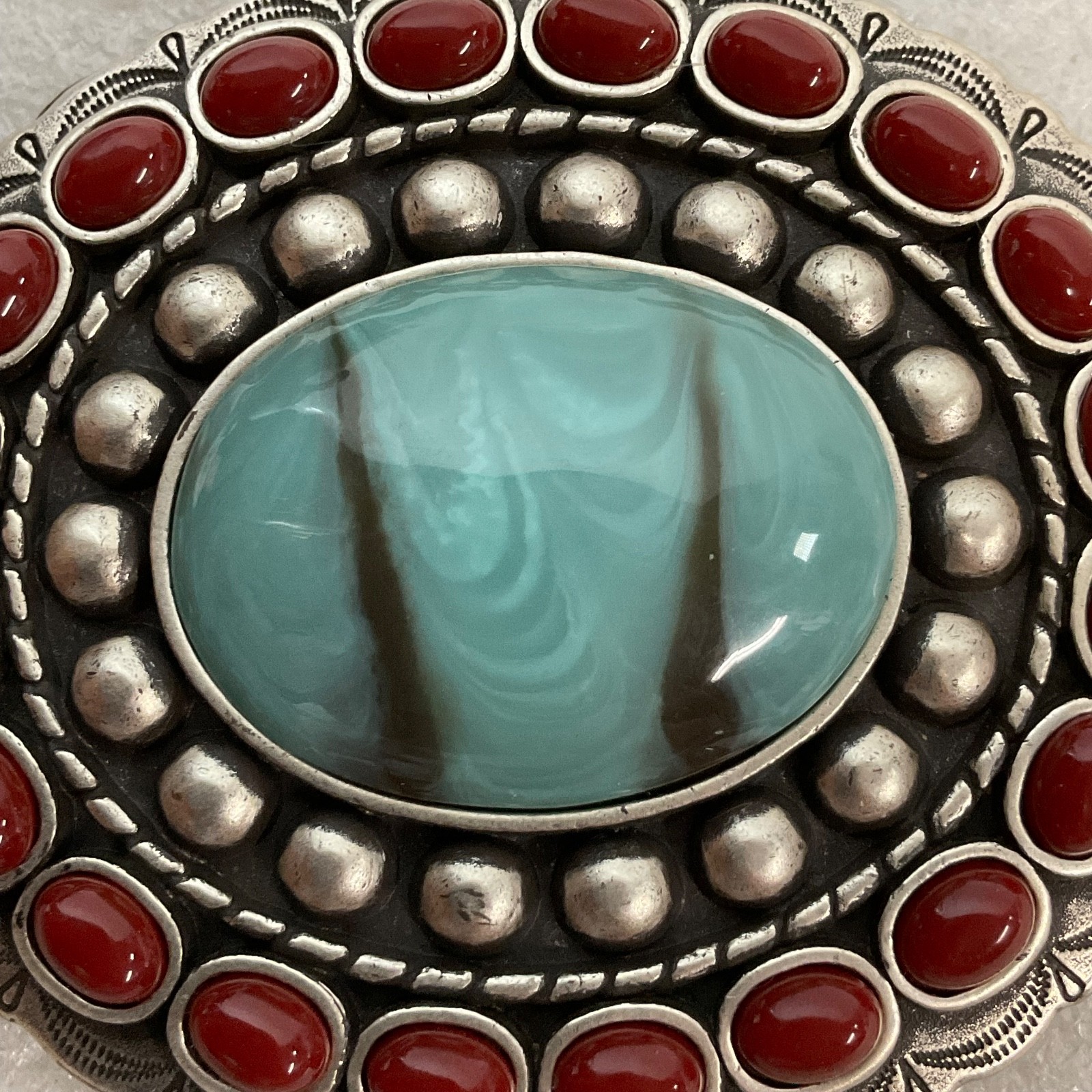 Vtg Turquoise Glass& Coral Concho Belt Adornment 3.5in x 3in Southwestern Style - Image 8