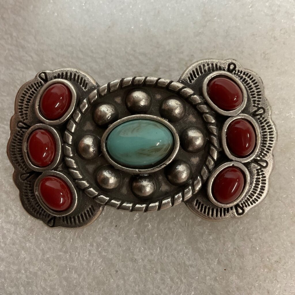 Vintage Western Turquoise Glass 2.25in Belt Concho Red Cabochon Accents - Image 1