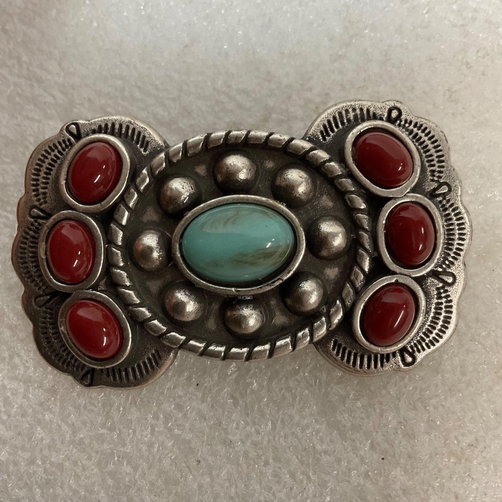 Vintage Western Turquoise Glass 2.25in Belt Concho Red Cabochon Accents - Image 1