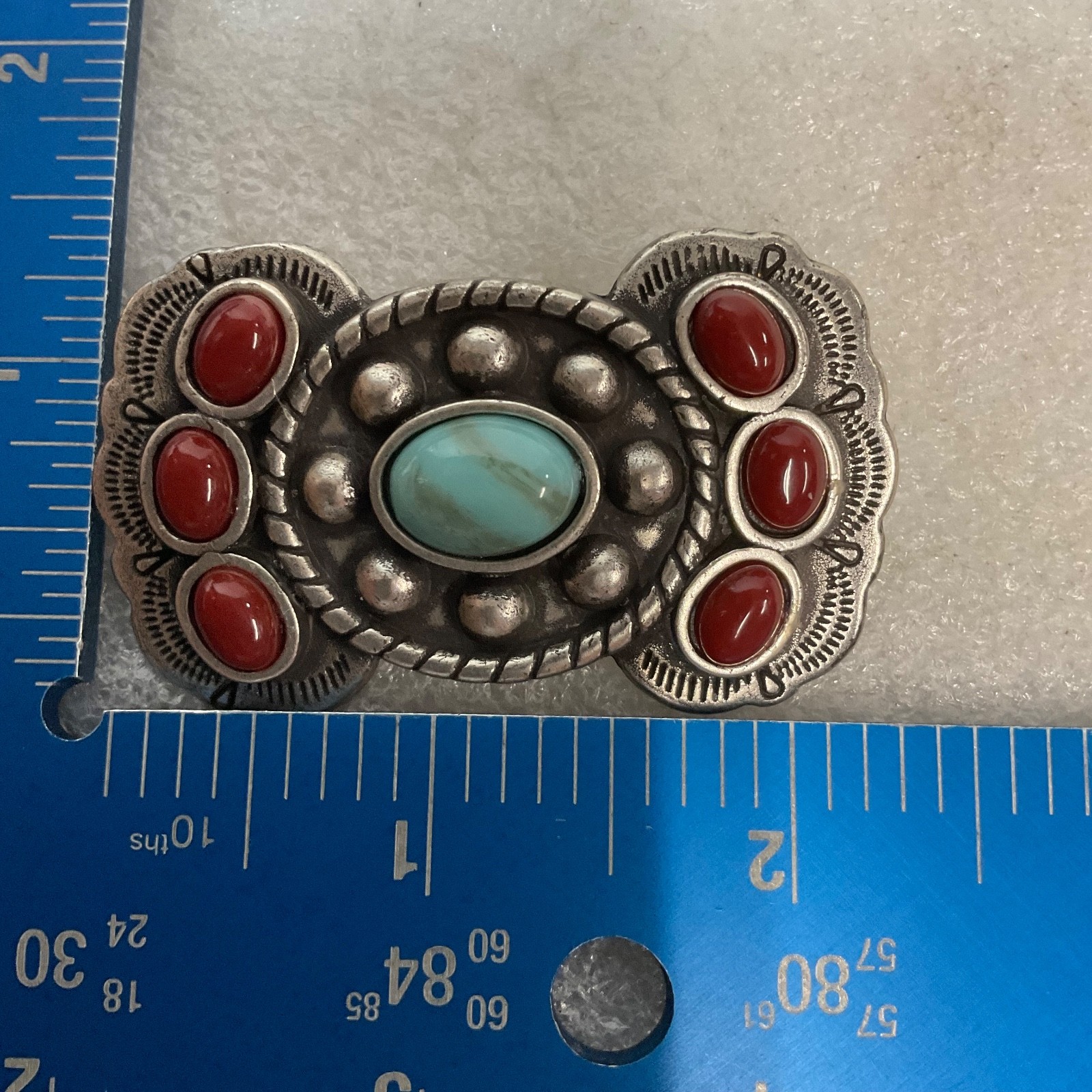 2.25in Vintage Turquoise Red Cabochon Metal Belt Accent Western Design - Image 3