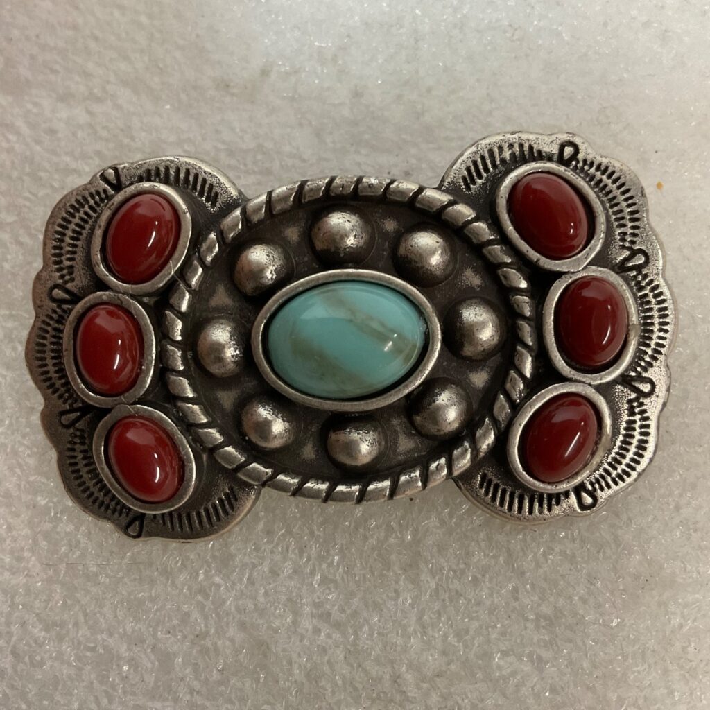 2.25in Vintage Turquoise Red Cabochon Metal Belt Accent Western Design - Image 1