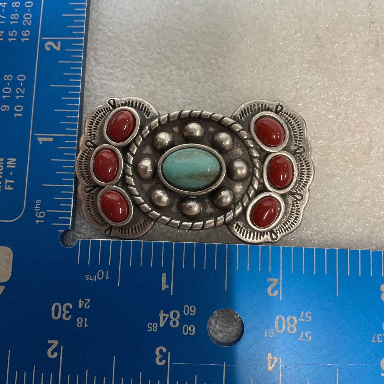 Vintage Western Turquoise Glass 2.25in Belt Concho Red Cabochon Accents - Image 3