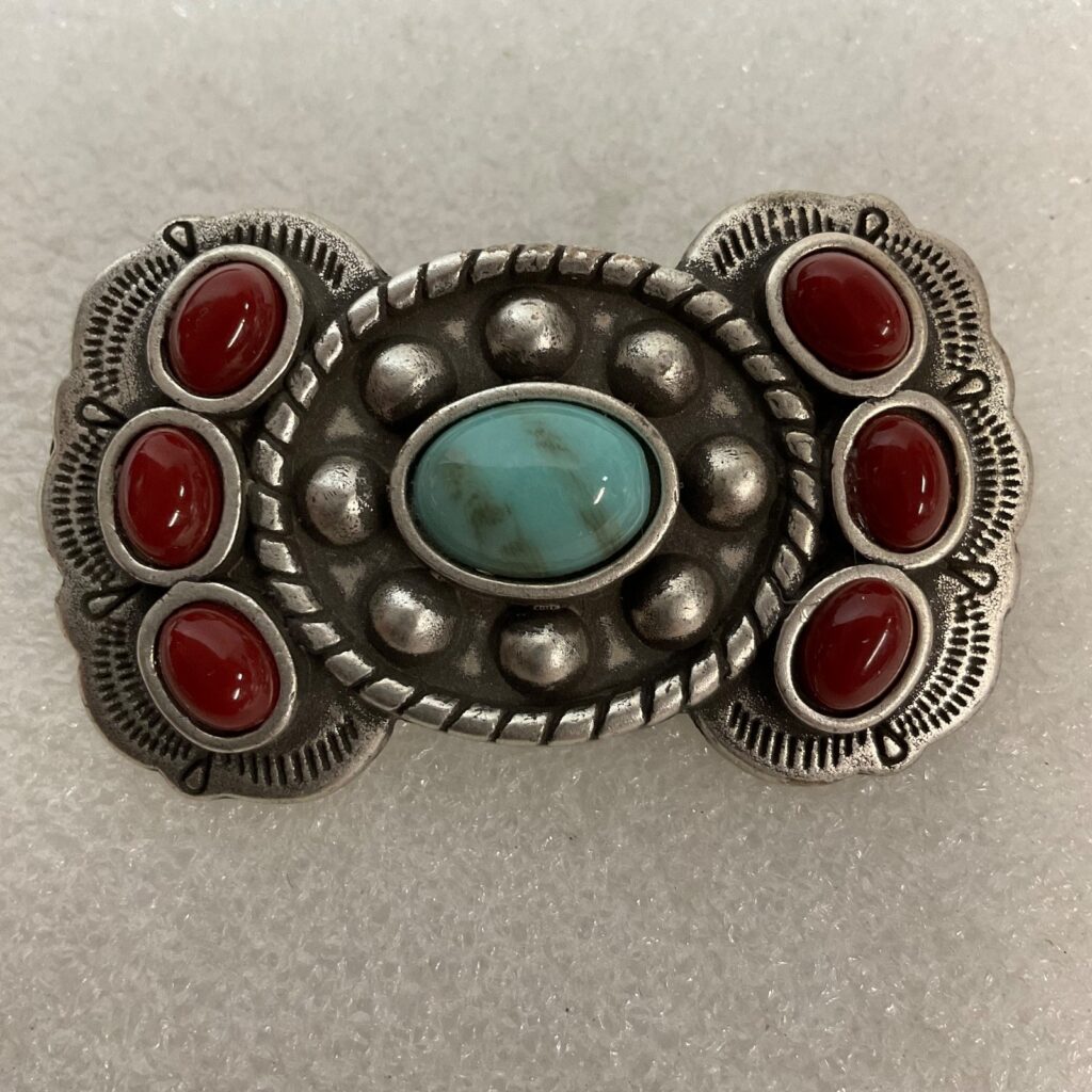 Vintage Turquoise Glass & Red Cabochon 2.25inx1.5in Belt Adornment Southwestern - Image 1