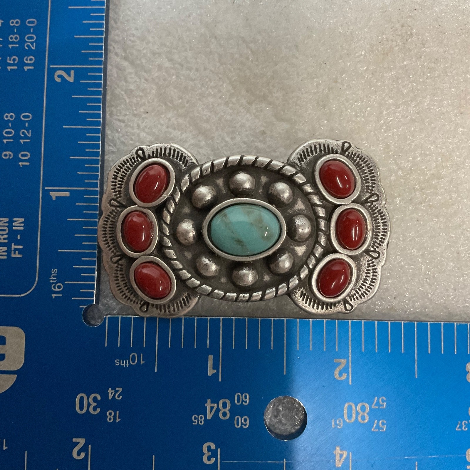 Vintage Turquoise Glass & Red Cabochon 2.25inx1.5in Belt Adornment Southwestern - Image 3