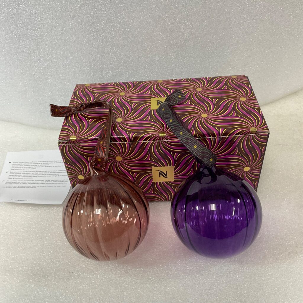 Nespresso 2 Festive Glass Baubles Pink Purple 3 in Ornaments Boxed - Image 1