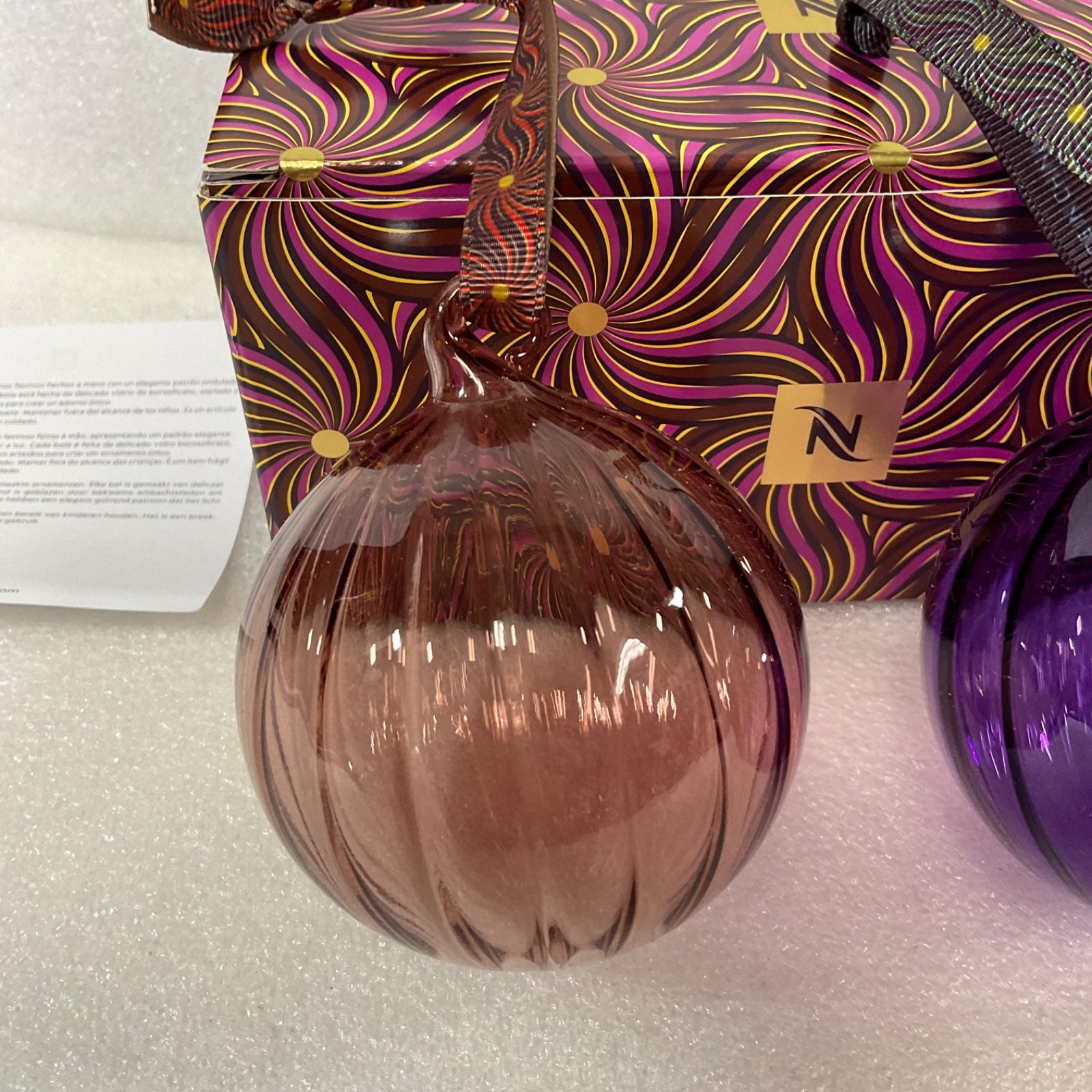 Nespresso 2 Festive Glass Baubles Pink Purple 3 in Ornaments Boxed - Image 2